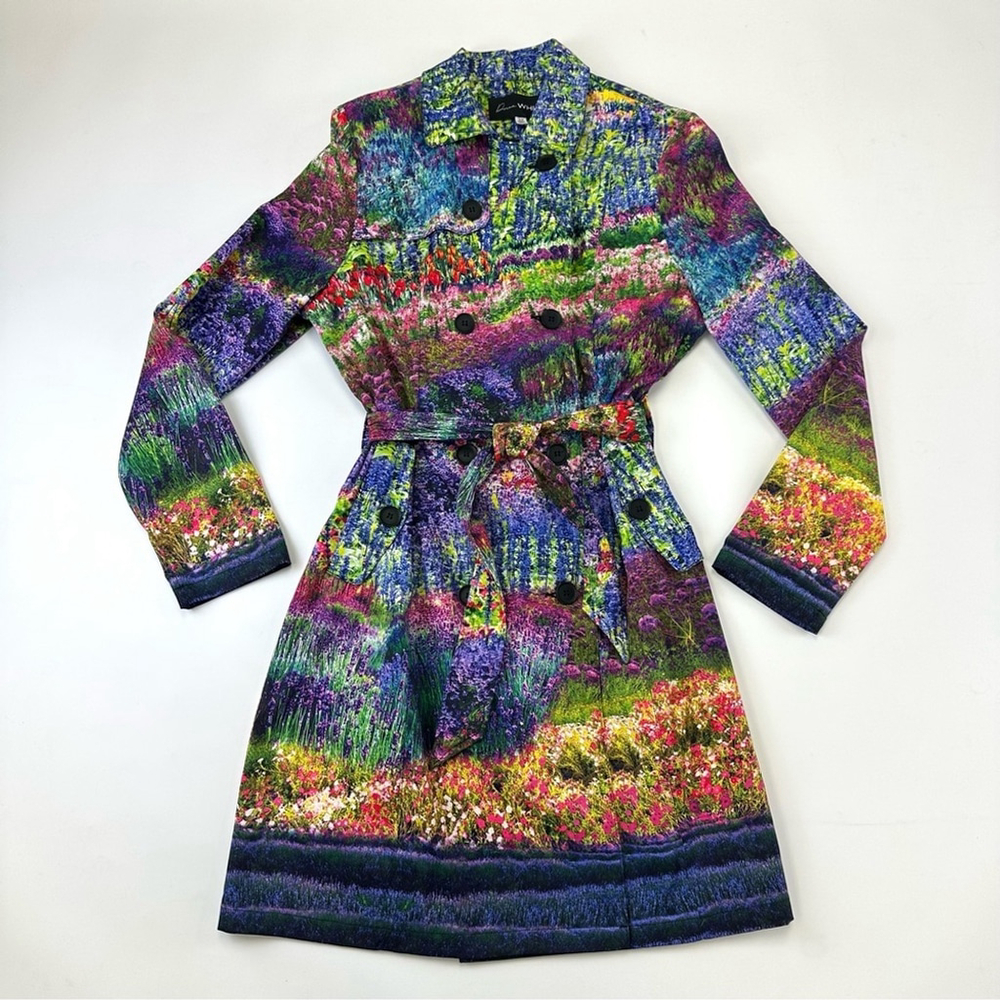 Donna White womens trench coat Field of Flowers print Small belted floral